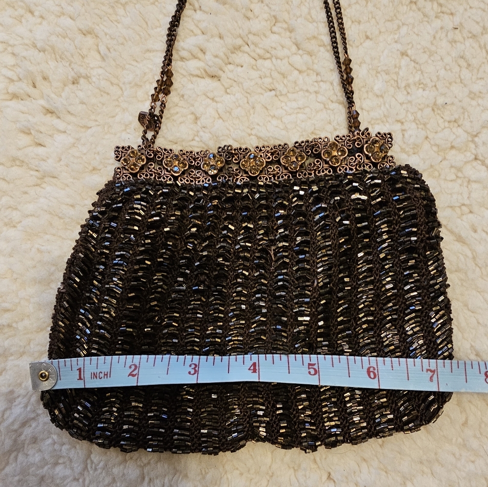 Clara Studio Inc. Evening Bag Purse Handbag Vintage Style Chain Beaded Brown - Picture 7 of 9